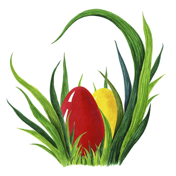 Ручная раскрашенная акварель иллюстрирует красочные красные и желтые пасхальные яйца, откладывающиеся в зеленом туфете. Крупный план — стоковое фото