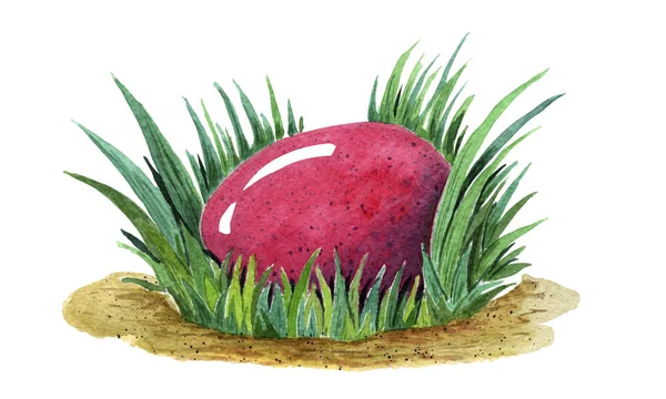 Ручная раскрашенная акварель иллюстрирует красочное розовое пасхальное яйцо, откладывающееся в свежем зеленом туфете. Крупный план — стоковое фото