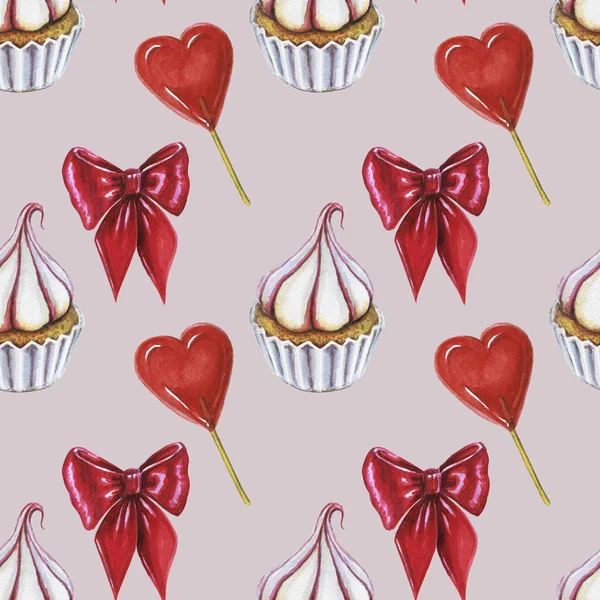 Love and sweets template design. Watercolor pattern whit cupcake, red heart lolipop and red bow on pink background. Different sweets and love elements pattern. Wrapping paper design