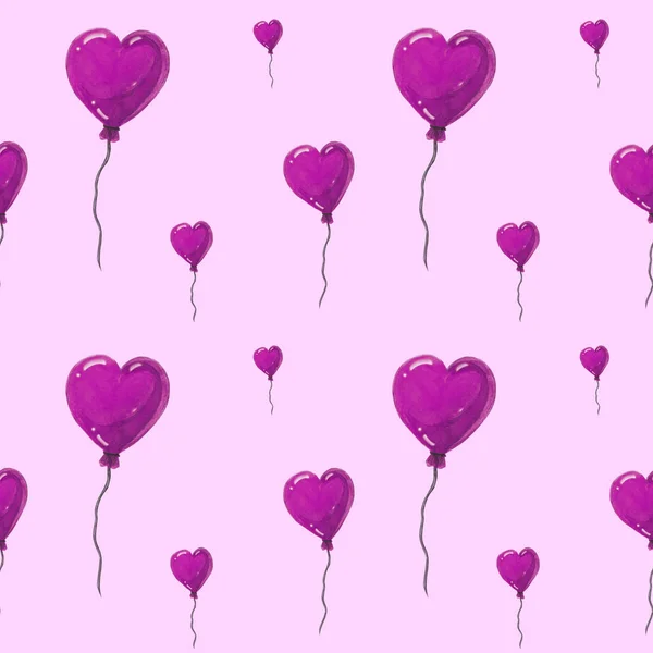 Hermosos globos de aire en forma de corazones, patrón de acuarela sin costuras sobre fondo blanco. Se puede utilizar para la tarjeta de felicitación, invitación de boda. Lindos corazones telón de fondo. Corazones amor patrón —  Fotos de Stock