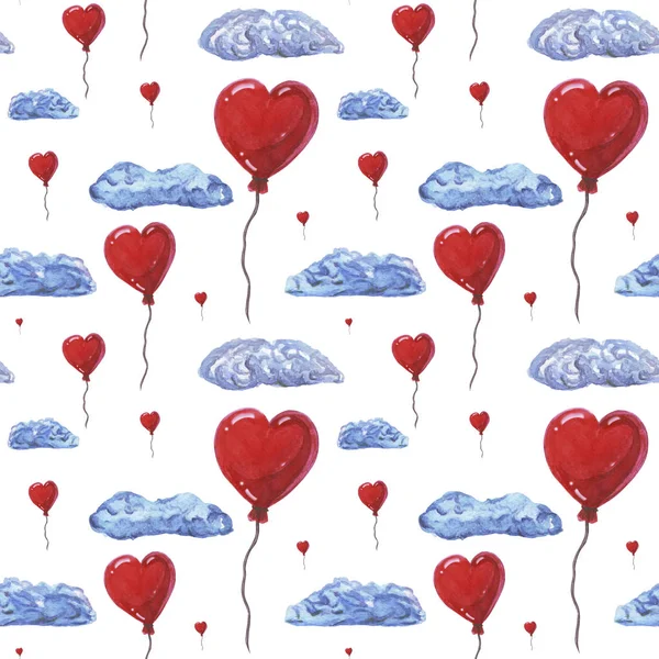 Beaux ballons à air en forme de cœurs blanchissent les nuages, motif aquarelle sans couture sur fond blanc. Peut être utilisé pour la carte de vœux, invitation de mariage. Jolie toile de fond de coeur. Coeurs modèle amour — Photo