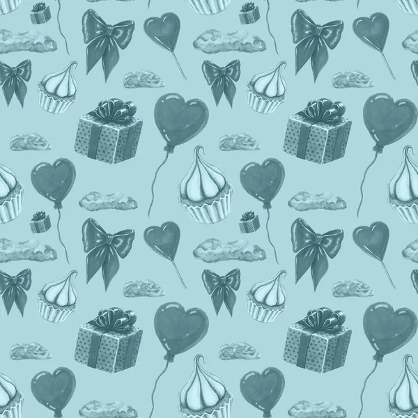 Patrón de elementos de amor. Diseño de plantillas de amor y dulces. Patrón de acuarela con cupcake, piruleta de corazón rojo, globo en forma de corazón, caja de regalo, arco rojo y nubes — Foto de Stock