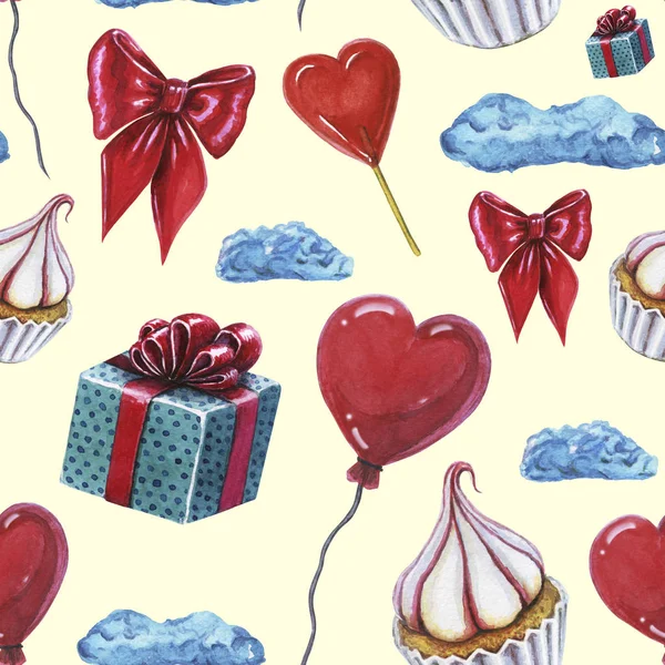 Patrón de elementos de amor. Diseño de plantillas de amor y dulces. Patrón de acuarela con cupcake, piruleta de corazón rojo, globo en forma de corazón, caja de regalo, arco rojo y nubes — Foto de Stock