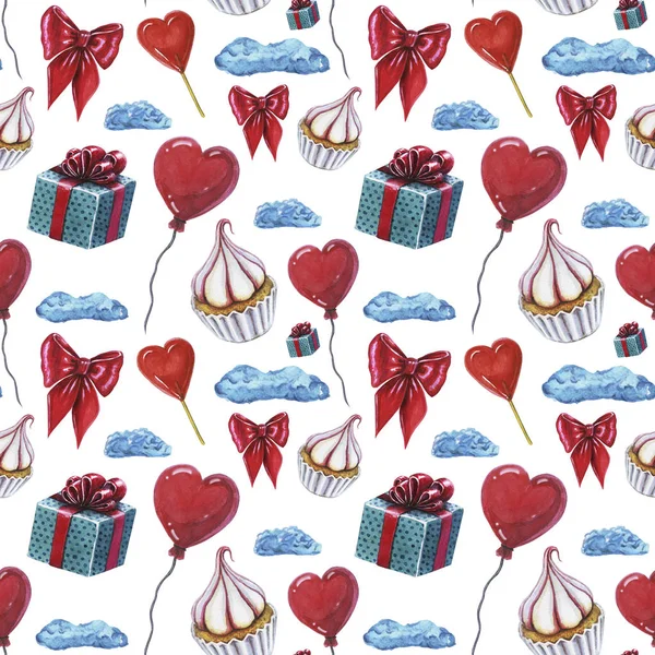 Modèle d'éléments Sweet Love. Modèle amour et bonbons design. Motif aquarelle Whit cupcake, lolipop coeur rouge, ballon en forme de coeur, boîte cadeau, arc rouge et nuages — Photo