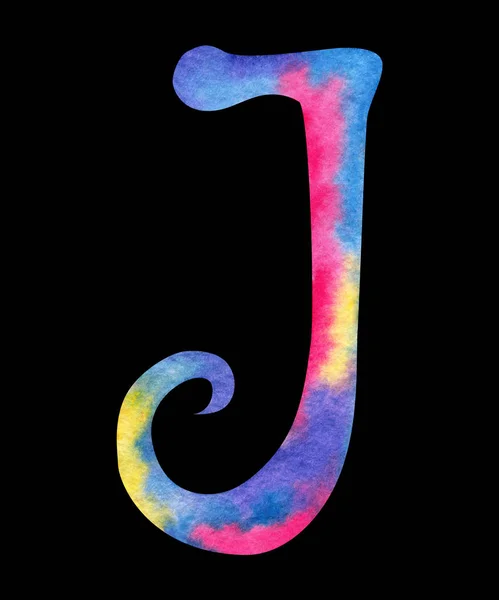 Hand painted watercolor english letter J whit gentel pink, blue, purple and yellow splashes — Stock Photo, Image