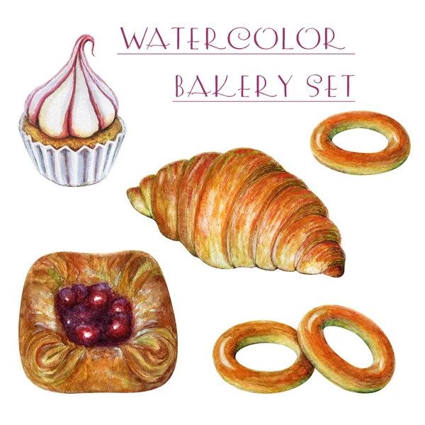 Handbemaltes Aquarell-Backset. Aquarell-Cupcake, Bagels, Croissant, Brötchen. leckeres Essen Illustration. Aquarell-Set von Backwaren. — Stockfoto