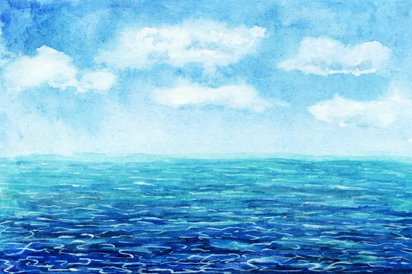 水彩海の背景。手描きの絵画。夏の海洋風景。水彩海の風景。ウォーターズケープはがきテンプレート。熱帯の海の眺め — ストック写真