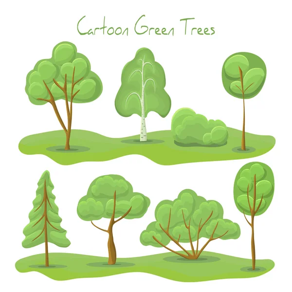 绿树和灌木集。一组卡通春天或夏季树木、灌木和地面的矢量插图。卡通风格的夏季森林树。手绘矢量插图. — 图库矢量图片