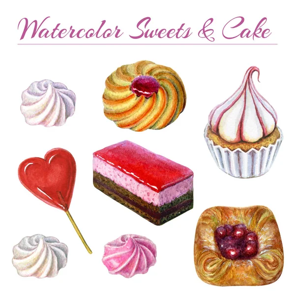 Fırın ürünleri ve tatlılar ayarlayın. Tatlı ve lezzetli kek ve tatlılar suluboya illüstrasyon. Suluboya çikolatalı kek, cupcake, çilek topuz, çerez, lolipop ve bezeler. Lezzetli yemekler — Stok fotoğraf