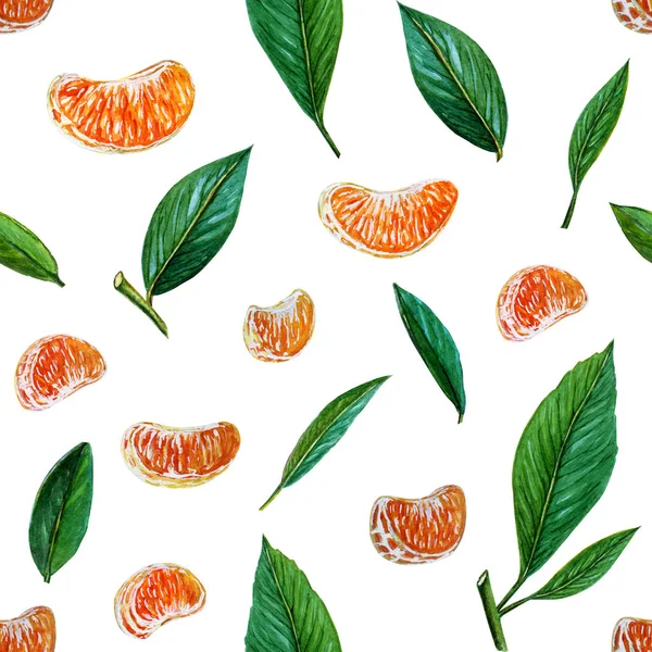 Seamless pattern of tangerines or mandarins or clementines with leaves and slices. citrus pattern on white background. Orange fruits and green leaves pattern. Summer and juice background. painted