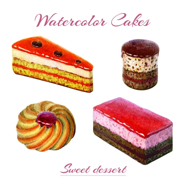 Είδη αρτοποιίας και γλυκά. Εικονογράφηση από γλυκές και νόστιμες τούρτες και μπισκότα. Κέικ σοκολάτας, τούρτα φράουλα, γλυκό μπισκότο, πορτοκαλί κέικ. Υπέροχη εικόνα φαγητού — Φωτογραφία Αρχείου