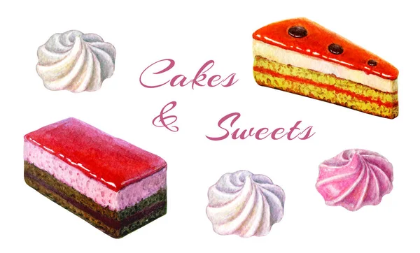 Backwaren und Süßigkeiten Set. Aquarell-Illustration von süßen und leckeren Kuchen und Süßigkeiten. Aquarell-Schokoladenkuchen, Cupcake, Beeren-Brötchen, Kekse, Lutscher und Baiser. Leckeres Essen — Stockfoto