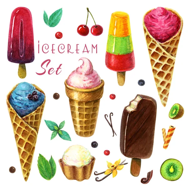 Watercolor ice cream clip art set with berries, fruits and mint leaves