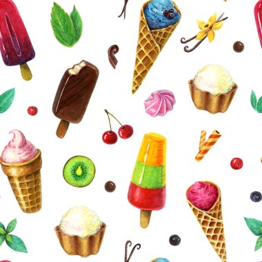 Çilek, meyve ve nane yaprakları ile suluboya dondurma deseni. Swamless dondurma deseni