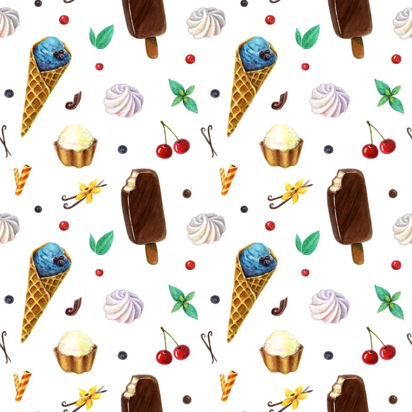 Patrón de cono de helado acuarela. Sundae ilustración de verano sin fisuras — Foto de Stock