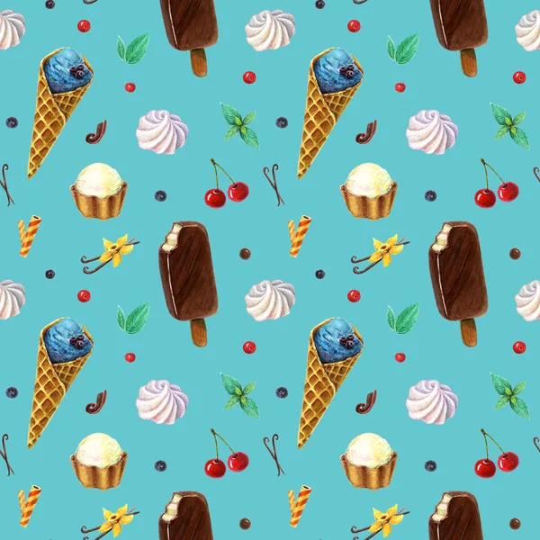 Seamless pattern with watercolor fruit ice cream on stick and ice cream cone isolated on blue backdrop.