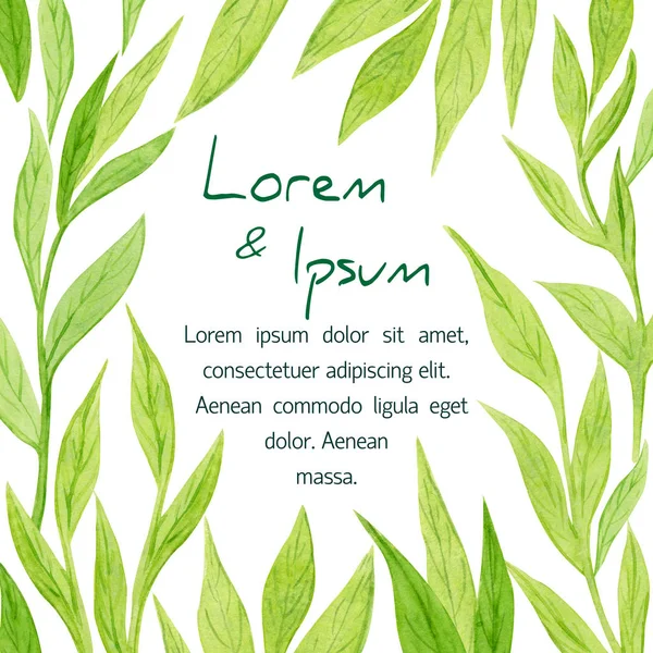Watercolor green brunch card design. Floral green leaves frame. Pastel wr — Stock Photo, Image