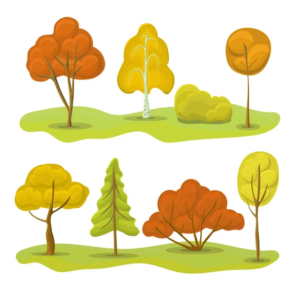 Φθινοπωρινό δέντρο και θάμνος σετ. Διάνυσμα εικονογραφία των δέντρων του φθινοπώρου δάσος, θάμνους και έδαφος. Διανυσματικά δένδρα με χέρι. — Διανυσματικό Αρχείο