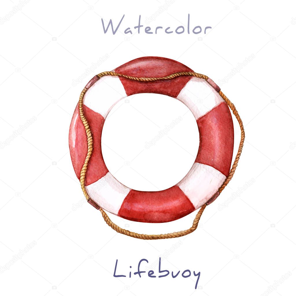 Watercolor illustration of life-ring. lifebuoy with rope.