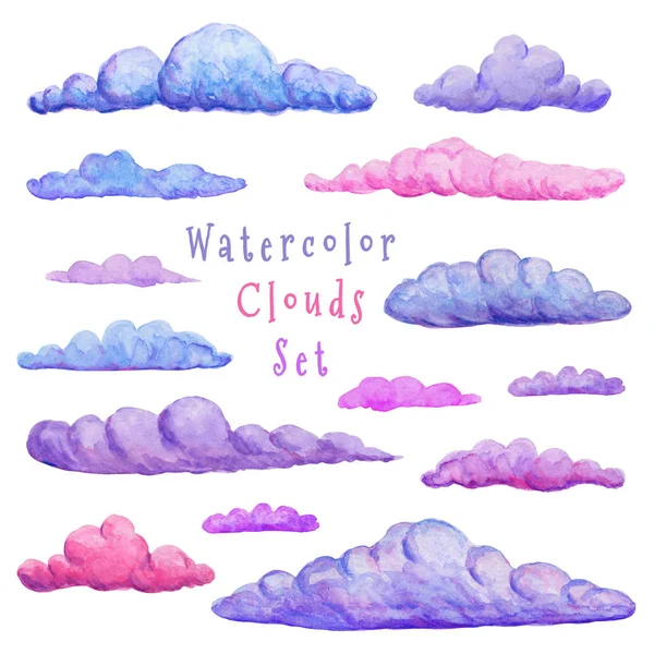 수채화 구름 컬렉션입니다. 구름의 다른 변화. 현대 추상 스티커 세트. 흰색에 고립 된 손으로 그린 장식 구름. 분홍색, 파란색 및 보라색으로 인쇄 디자인 — 스톡 사진