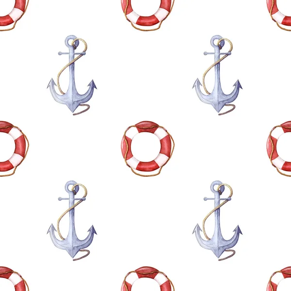 Watercolor pattern of life-ring and anchor. lifebuoy with rope and anchor with rope seamless pattern. — Stock Photo, Image
