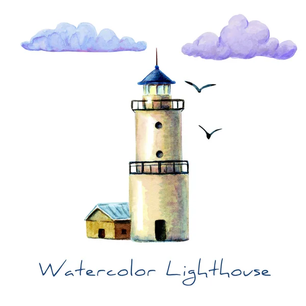 Ручной рисунок акварельного маяка. Белый маяк с изолированными чайками. Идеально подходит для открыток, открыток, плакатов, баннеров — стоковое фото