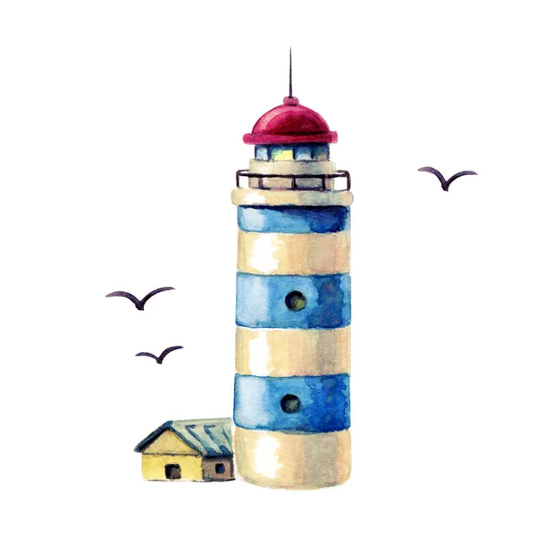 Ręcznie rysowane akwarela latarnia ilustracja. niebieskie paski latarnia morska z mewy na białym tle. Idealnie nadaje się do kart, pocztówek, plakatów, banerów — Zdjęcie stockowe