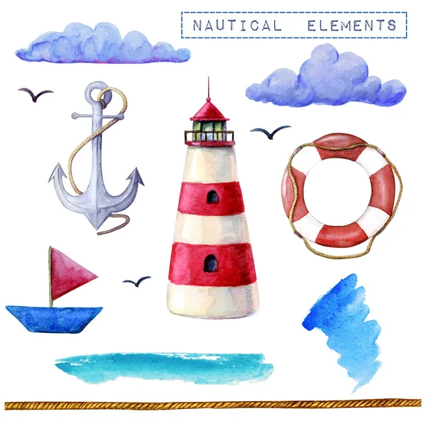 Akvarell hajózási elemek gyűjteménye. Világítótorony, a hajó, mentőgyűrűt, horgony felhők elszigetelt fehér hátteret. Divatos elemek tengeri design. — Stock Fotó