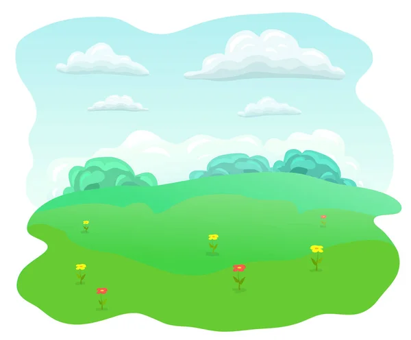 Einfache flache Wiese. Sommerfeld mit roten und gelben Blüten. blauer Himmel, weiße Wolken, grünes Gras glückliche Sommertaglandschaft. Cartoon Natur Hintergrund. Illustration des grünen Hügels. Felder mit Skylines. — Stockvektor