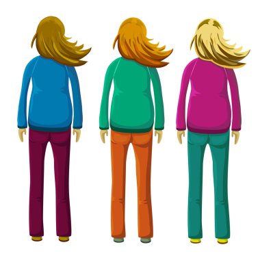 el sallayarak veya karanlık uçan genç ayakta kadınların el çizilmiş illüstrasyon, rahat veya spor ceket ve pantolon giymiş. Beyaz izole karikatür düz tarzı kadın geri görünümü.