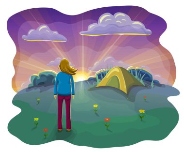 gün batımında doğada çadır ile istirahat rahatlatıcı kadın karikatür düz illüstrasyon. doğada gün batımının tadını çıkaran kadın. güzel akşam bulutları, gökyüzü, kamp çadırı ve kız ile yaz kamp manzara.