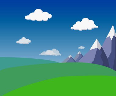 dağlar, yeşil tepeler, alanlar, parlak mavi gökyüzü ve kabarık bulutlar ile doğal düz yaz yeşil manzara. basit dağlar ile stilize manzara. köy yeşil alanlar arka plan. mevsimlik afiş