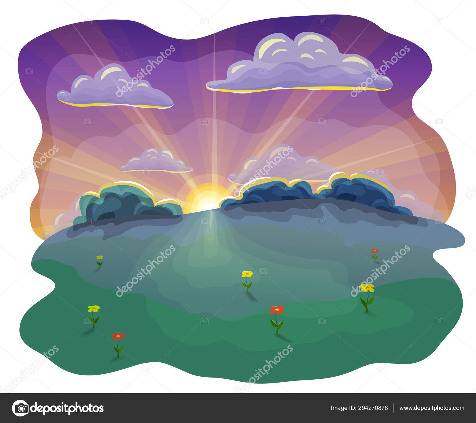 イラスト素材　KaLenka8　日没時の漫画や平らな夜景の背景。美しい夕日の空と雲、緑の丘、木や花と自然の夕日のシーン。夏の屋外夕日の夕日のイラスト.　©　#294270878