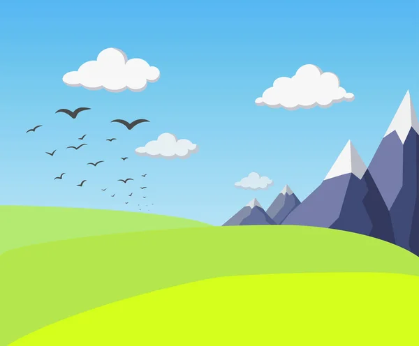Natürliche flache Frühlings- oder Sommerlandschaft mit Bergen, Feldern, Hügeln, fliegenden Vögeln am blauen Himmel. stilisierte Szene mit einfachen Bergen. Dorf grüne Wiesen Hintergrund. Nettes Saisonbanner. — Stockvektor