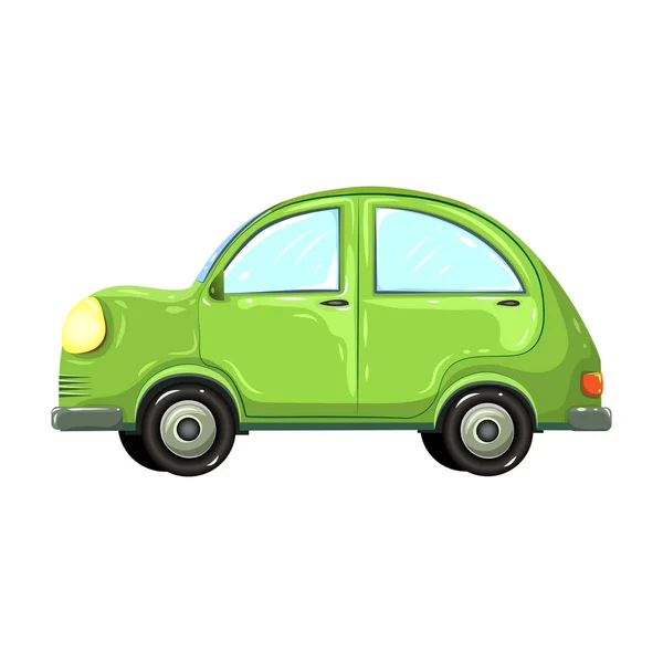 Vector illustration of colorful green car isolated on white background. hatchback green car side view. comic, or cartoon auto. beetle green car in retro style. drawn eco friendly traveler car. — Stock Vector