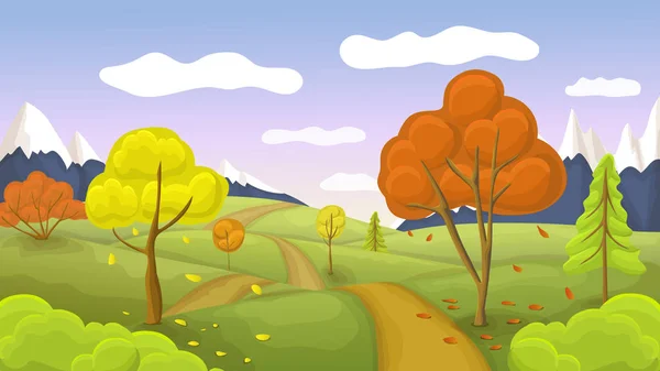 flat or cartoon autumn landscape with pathway, red and golden trees, mountains, blue sky and fluffy clouds. seasonal horizontal banner of autumn scene brown or golden color. stylized autumn background