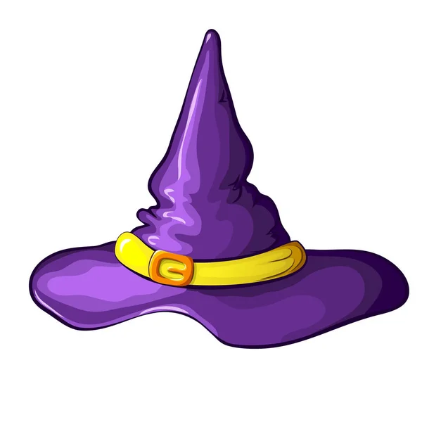 Vector illustration of purple cartoon Halloween witch hat with buckle isolated on white background. Symbol of witchcraft. Halloween decorative costume element. witch hat icon for halloween — Stock Vector