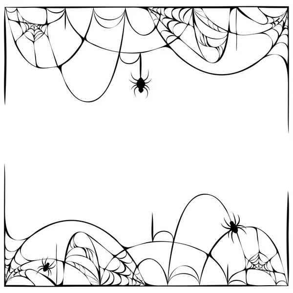 Scary spider web background with hanging spiders isolated on white. cobweb frame. Halloween party template or decoration element. Horror halloween banner. Art drawn design for halloween decoration. — Stock Photo, Image