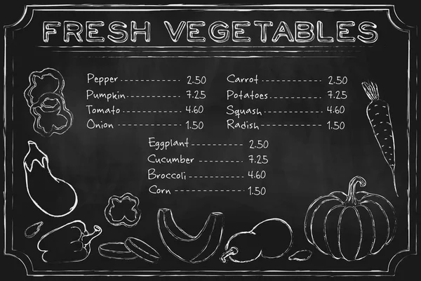 Blackboard vegetables. Rustic blackboard menu with hand drawn vegetables on chalkboard. vector chalkboard food illustration. horizontal Vegetarian menu template with farm vegetables and place for text — Stock Vector