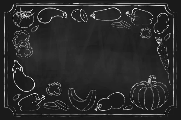 Λαχανικά μαυροπίνακα. Διάνυσμα χειρός φόντο με διαφορετικά αγροτικά λαχανικά στον μαυροπίνακα. Υγιεινά πιάτα Χορτοφαγική εικόνα σκίτσο. Πίνακας λαχανικών σχεδιασμό πλαίσιο για το μενού κατάστημα αφίσα πανό — Διανυσματικό Αρχείο