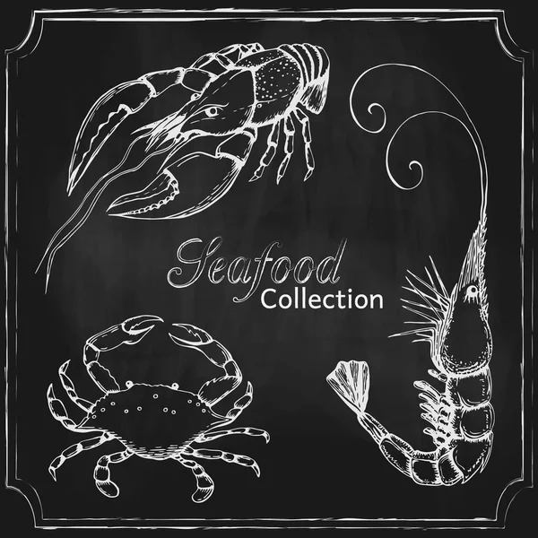 Vector svarta tavlan skaldjur menybakgrund. handritade Blackboard Seafood Collection. bakgrundsmall med olika havsdjur på svarta tavlan design för butik, restaurang, meny, affisch, banner. — Stock vektor