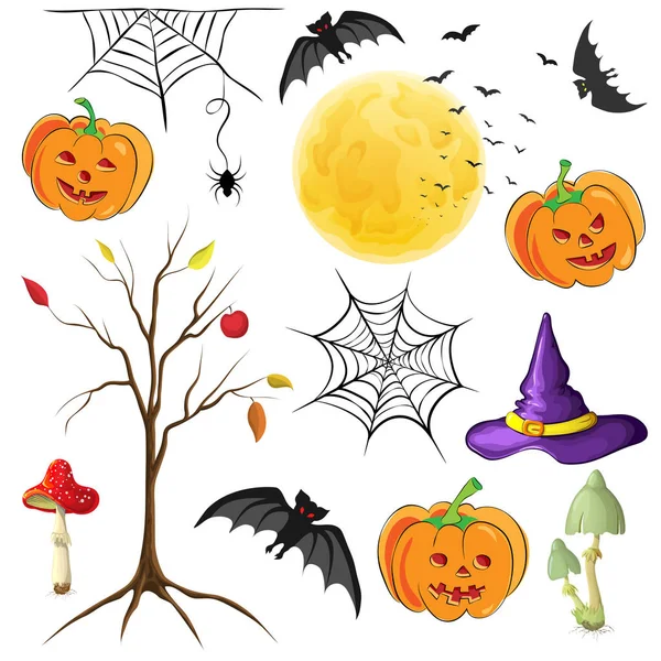 halloween decor elements isolated on white. cute halloween cartoons element collection for celebration design. illustration of pumpkin flying bats cobweb full moon witch hat mushrooms dead tree