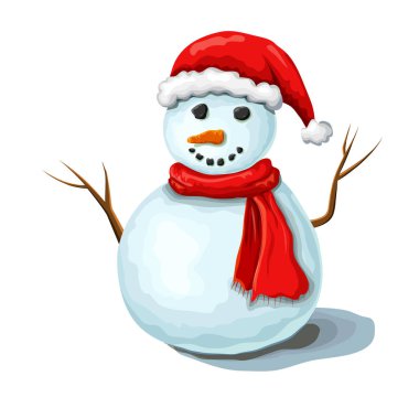 vektör Noel kardan adam illüstrasyon beyaz arka plan üzerinde izole. Sevimli gülümseyen kardan adam kırmızı santas şapka ve eşarp giyiyor. xmas veya kış sembolü. el çizilmiş karikatür buzlu karakter. kardan adam izole.