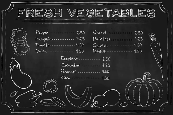 Na tabuli. Rustikální tabule s ručně kreslené zeleninou na tabuli. Příklad jídla na tabuli. Vodorovná Vegetariánská šablona nabídek s zemědělskou zeleninou a místem pro text. — Stock fotografie
