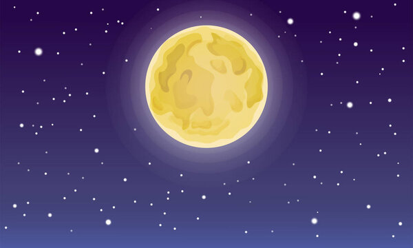 Cartoon full moon on dark starry night sky. starry and moon night backdrop. bright moon beautiful sky and stars. Vector illustration of moon and stars on the midnight sky. Night sky scenery background