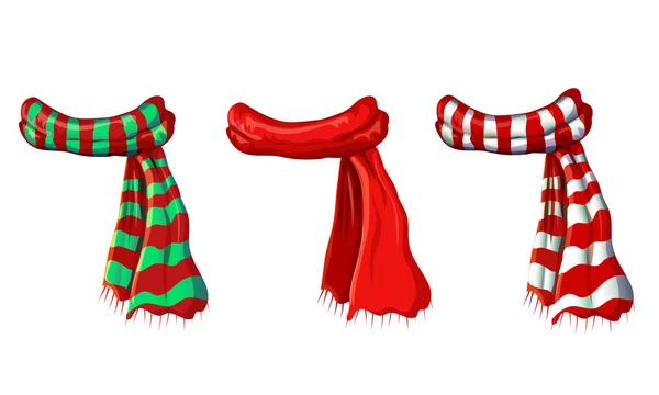 Vektor Winter roten Schal Kollektion isoliert auf weißem Hintergrund. Abbildung von rot-grün-weiß gestreiften Schals. Weihnachten oder Urlaub Wolle Schalldämpfer Icon Set - Winter wärmende Kleidung im Cartoon-Stil — Stockvektor