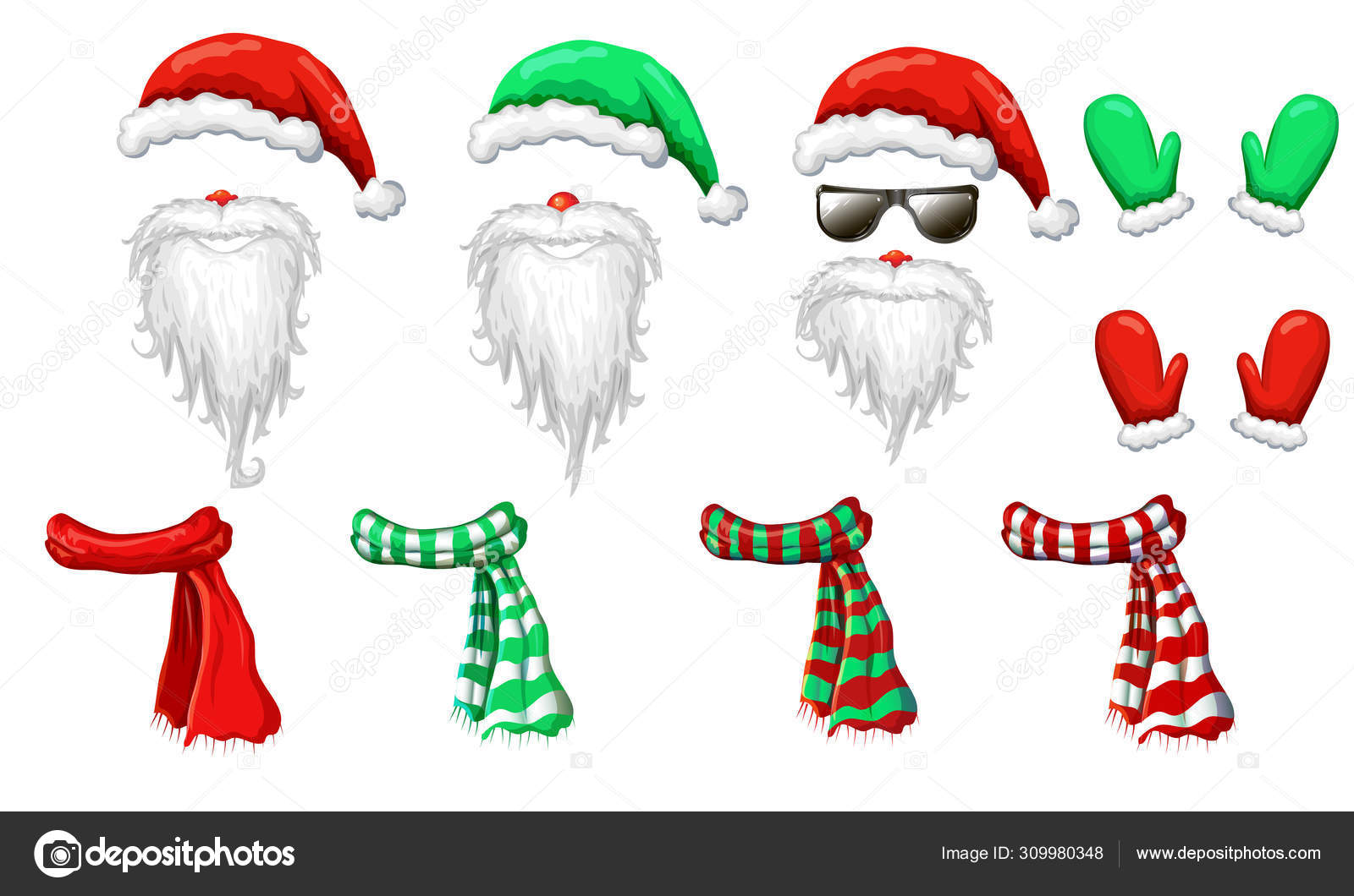Vector Santas Hats Beards And Mustaches Mask Collection Isolated