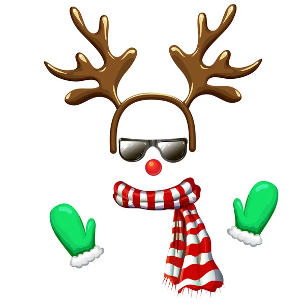 Маска для обличчя гіпсового оленя в сонцезахисних окулярах з рукавами на голові, червоний ніс, смугастий шарф і рукавиці. Кліпарт різдвяних костюмів ізольовано на білому. крутий і смішний різдвяний персонаж Векторні ілюстрації — стоковий вектор