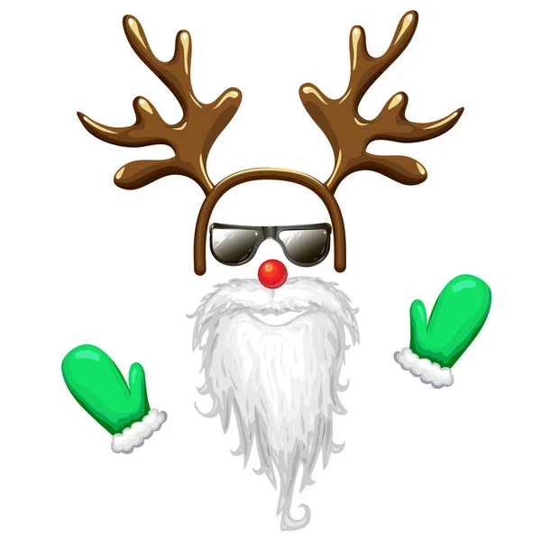 Hipster Santa máscara facial em óculos de sol com chifres cabeça nariz vermelho longa barba e mitenes. Natal clipart traje isolado em branco. legal e engraçado xmas personagem vetor ilustração. cabine de fotos — Vetor de Stock