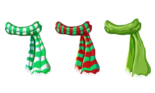 Vektor Winter grünen Schal Kollektion isoliert auf weißem Hintergrund. Abbildung von rot-grün-weiß gestreiften Schals. Weihnachten oder Urlaub Wolle Schalldämpfer Icon Set - Winter wärmende Kleidung in Cartoon — Stockvektor